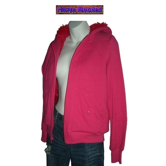 Marc By Marc Jacobs Bright Pink Hoodie W/ Red Faux Fur Lining Warm Sweatshirt S - Picture 6 of 13